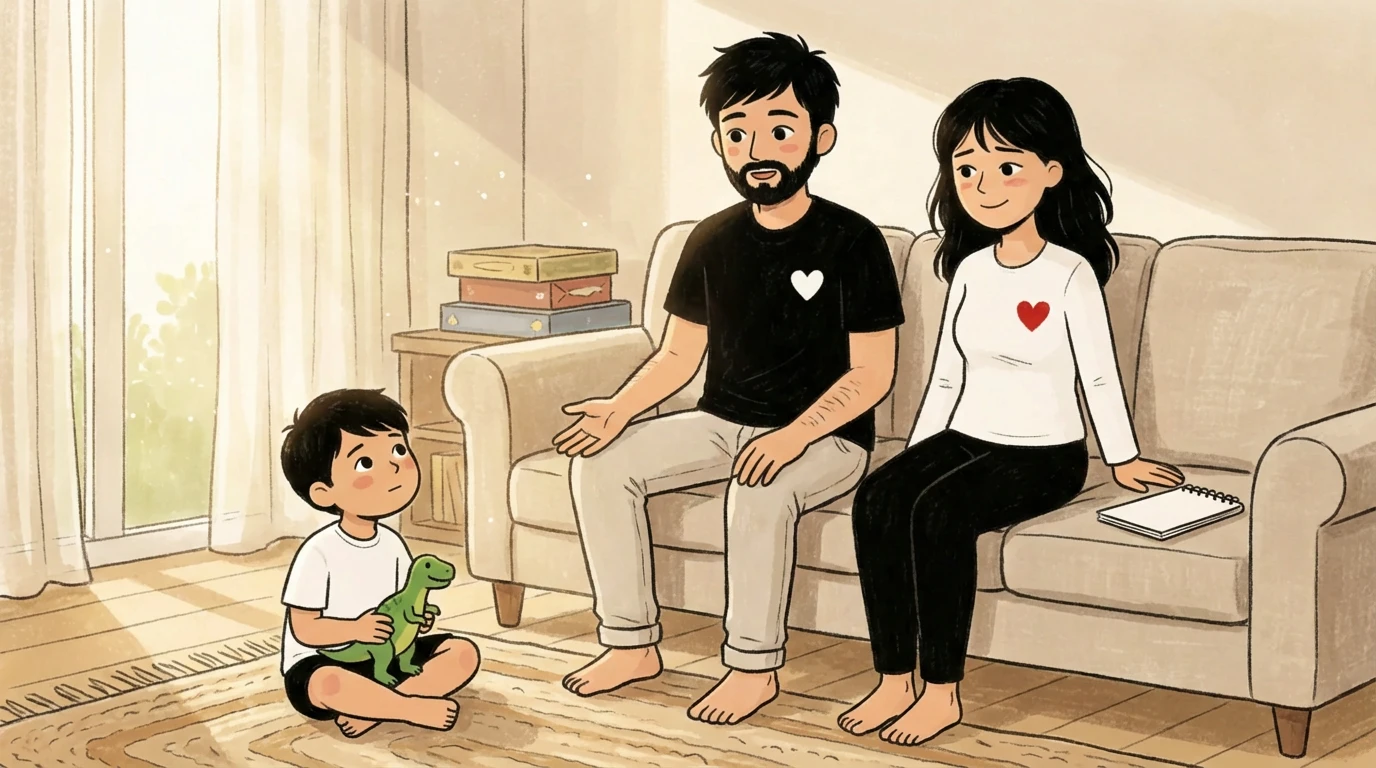 Two parents sit with a young child on the floor - a quiet moment as they prepare to tell kids about the divorce