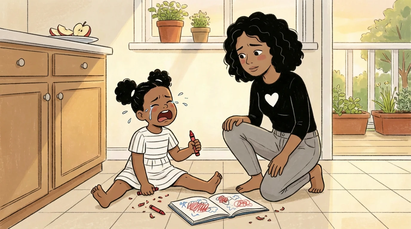 A woman kneels on a kitchen floor beside a toddler crying next to scattered crayons and a torn drawing