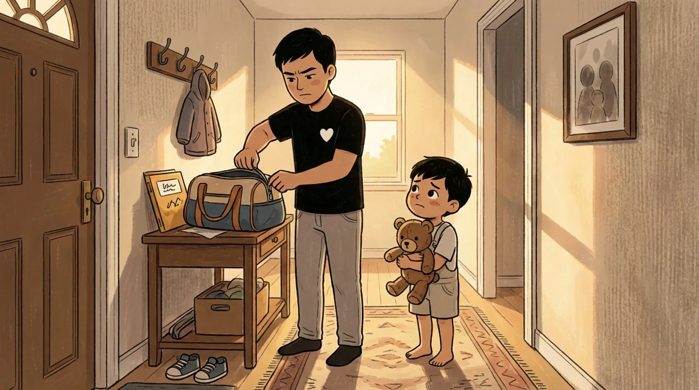 A man packs a bag by the front door while a young child clutches a stuffed bear and watches nearby