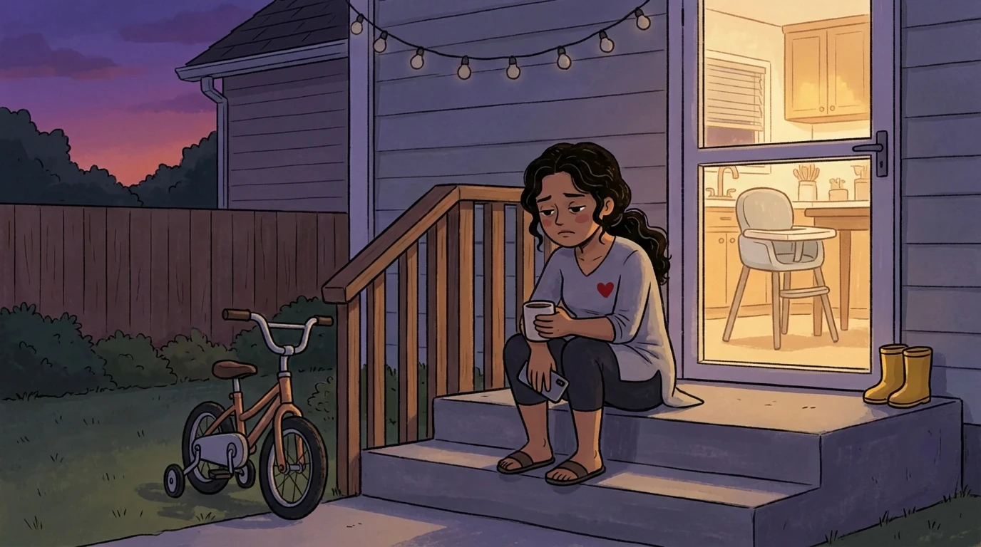 A woman sits on back porch steps at dusk holding a mug, a child's bike and yellow rain boots nearby after divorce